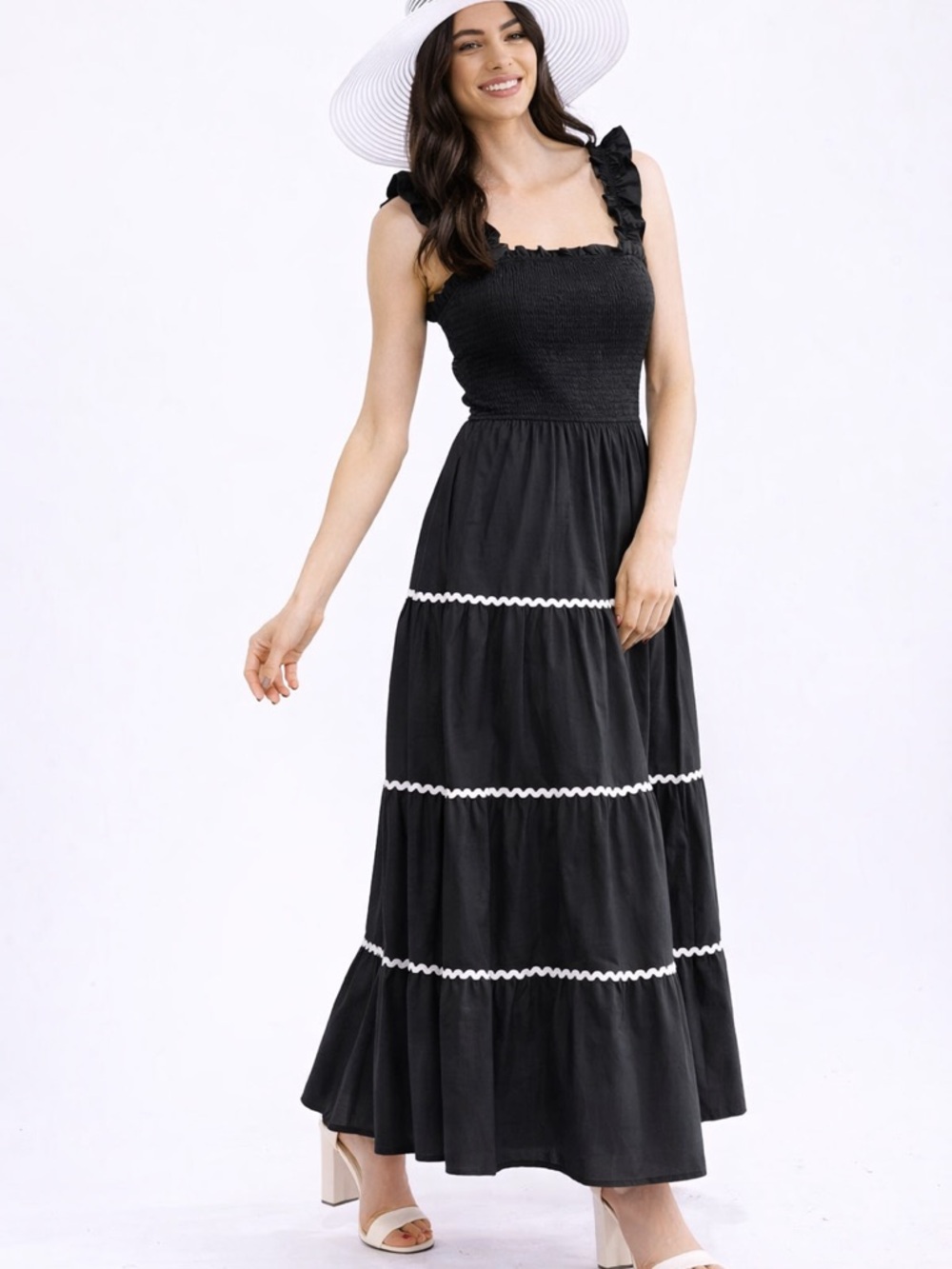 Women’s Black Smocked Maxi Dress with Ruffle Straps